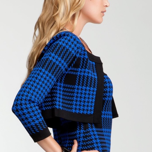 NWOT! Bebe Cobalt Blue & Black Houndstooth Cropped Cardigan SMALL Web Exclusive - Picture 6 of 16